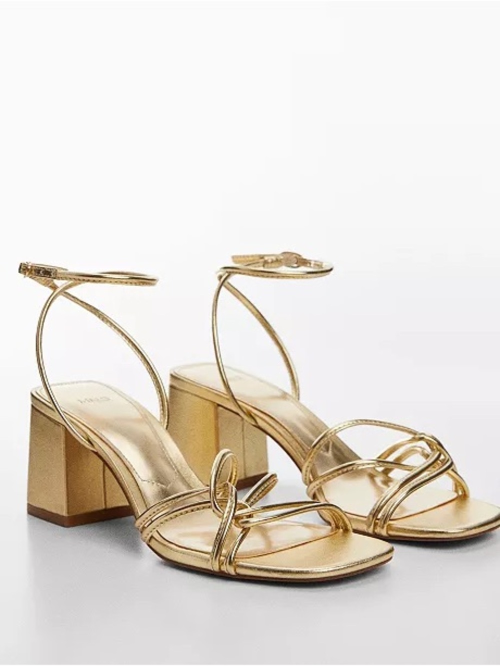 Metallic Gold Strappy Block Heel Sandals with Ankle Strap MANGO